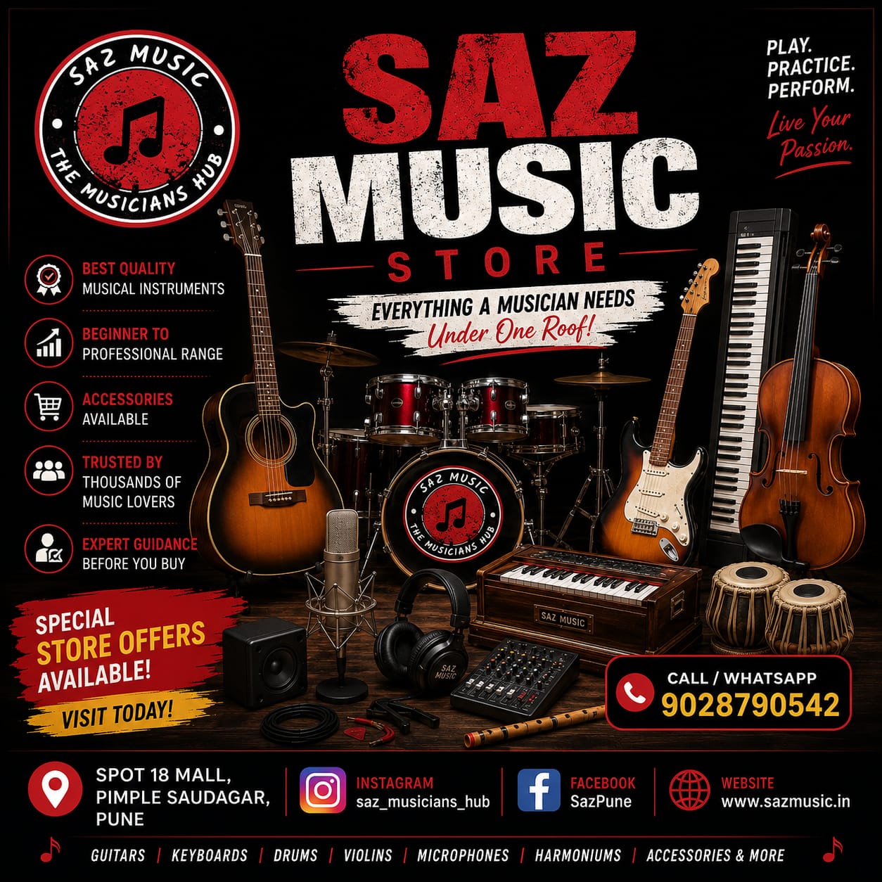 SAZ Music instrument store showroom at Spot 18 Mall Pimple Saudagar with guitars, keyboards, violins and tablas